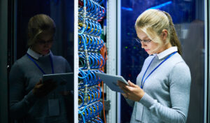 IT specialist working in server room